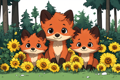 Three Fox Cubs In Sunflower Field