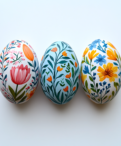 Three Hand-Painted Easter Eggs With Floral Designs