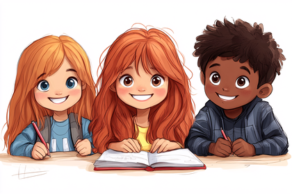 Three Happy Children Learning Together
