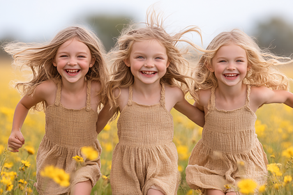 Three Happy Girls Running In Flower Field