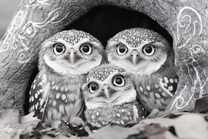 Three Owlets in a Tree Hollow
