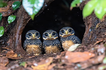 Three Owlets in Tree Hollow