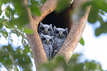Three Owlets in Tree Hollow