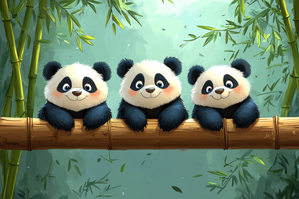 Three Panda Bears on a Bamboo Branch