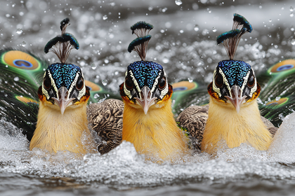 Three Peacocks in Water