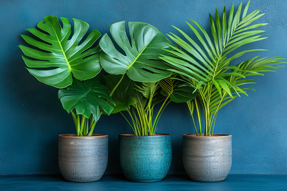 Three Potted Plants Against Blue Wall