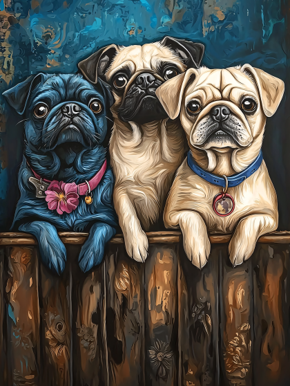 Three Pugs Behind Wooden Fence