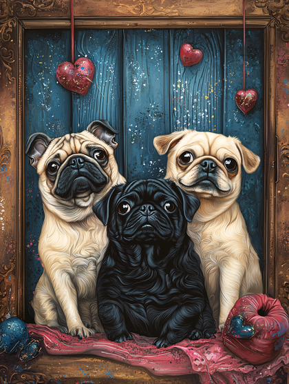 Three Pugs Portrait In Frame