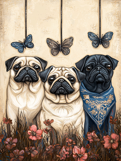 Three Pugs With Butterflies