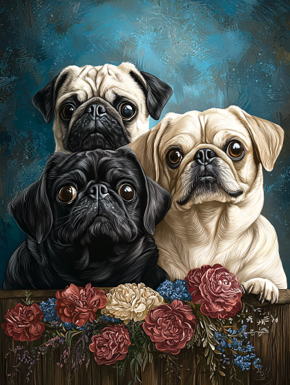 Three Pugs with Floral Decoration