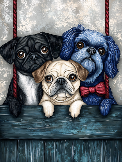 Three Puppies Peeking Over Fence