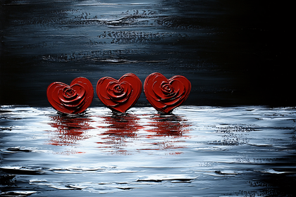 Three Red Hearts on Reflective Surface