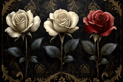 Three Roses On Dark Ornate Background