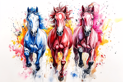 Three Running Horses Watercolor