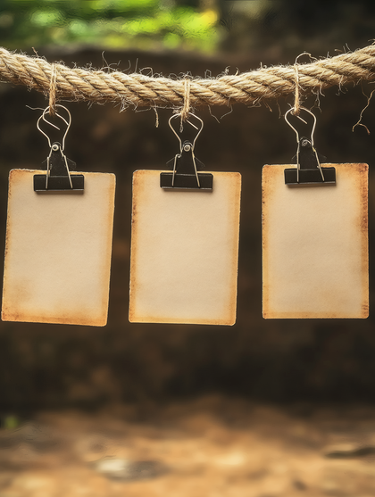 Three Rustic Cards Hanging on a Rope