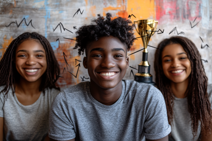 Three Smiling Teenagers with Trophy