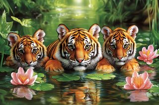 Three Tiger Cubs in Water