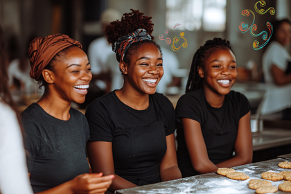 Three Women Laughing in Kitchen Baking Cookies