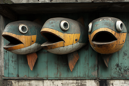 Three Wooden Fish Sculptures