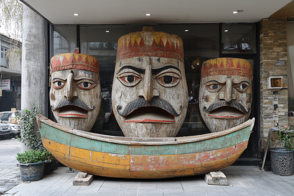 Three Wooden Masks in a Boat