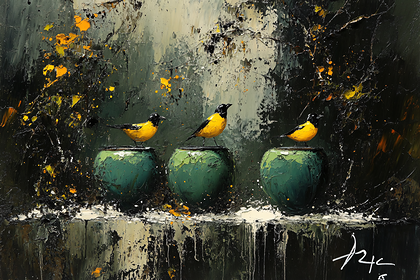 Three Yellow Birds on Green Pots
