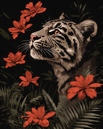 Tiger and Red Flowers