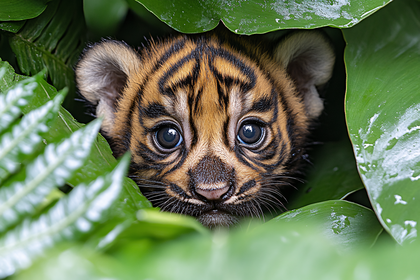 Tiger Cub Peeking Through Leaves