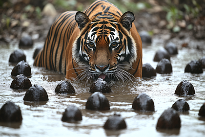 Tiger Drinking Water in Forest