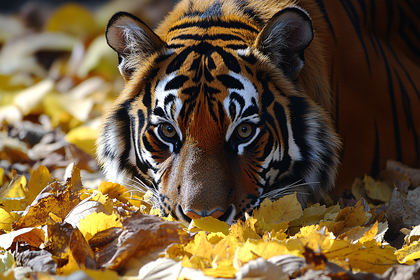 Tiger Face in Autumn Leaves