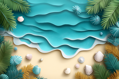 Top View Tropical Beach Scene with Seashells and Umbrellas