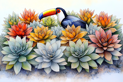 Toucan Among Colorful Succulents