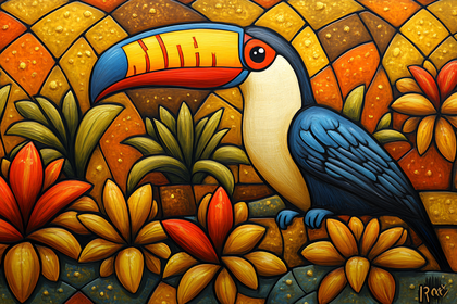 Toucan Bird With Floral And Geometric Background