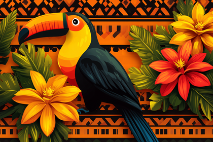 Toucan Bird with Tropical Flowers