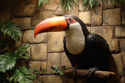 Toucan Statue with Tropical Foliage