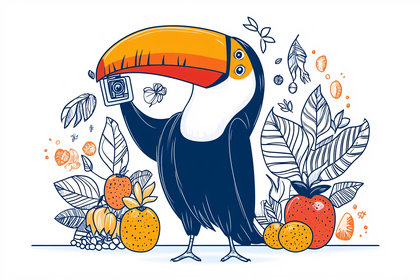 Toucan Taking Photo with Fruits