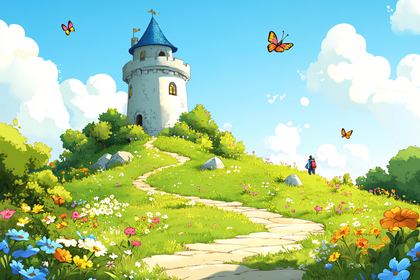 Tower in a Green Field with Butterflies