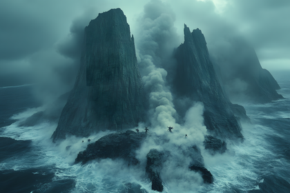 Towering Cliffs in Misty Sea
