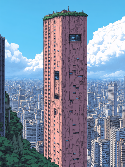 Towering Pink Skyscraper in Cityscape