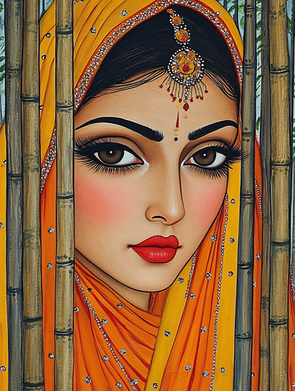 Traditional Indian Beauty Peeking Through Bamboo