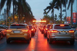 Traffic Jam on a Palm-Lined Avenue