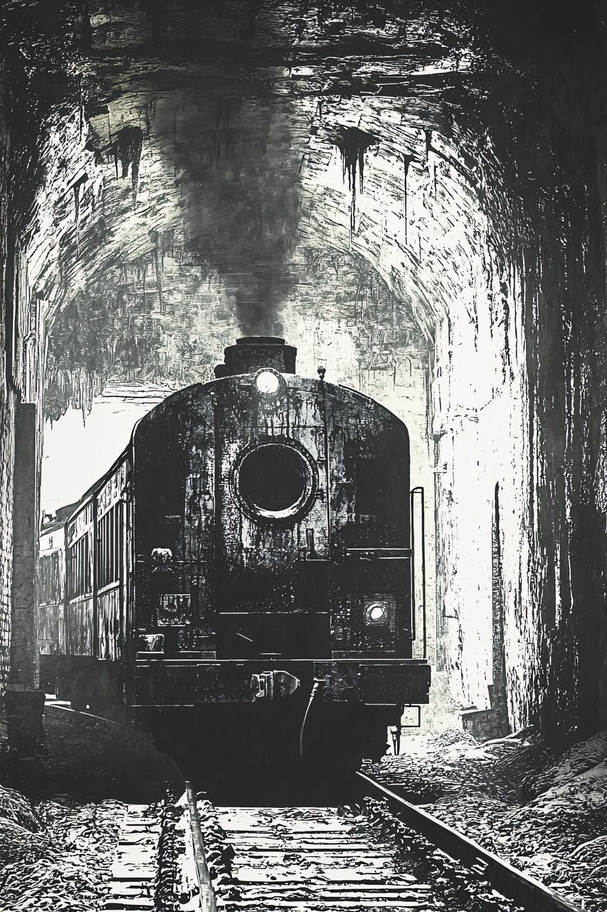 Dramatic Black and White Image of Train Emerging from Dark Tunnel