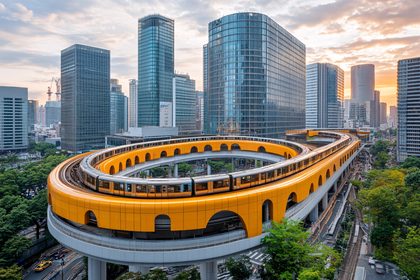 Train On Elevated Loop Track In Cityscape