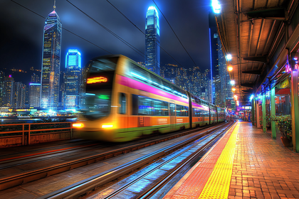 Train Speeding Through Hong Kong at Night