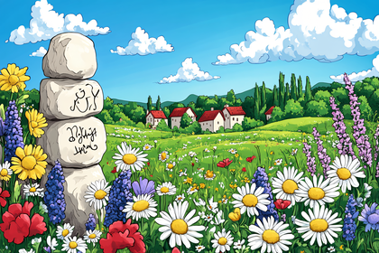 Tranquil Meadow Scene with Stone Stack and Flowers