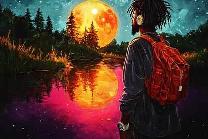 Tranquil Night Under a Fiery Moon