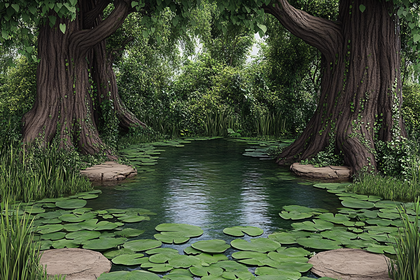 Tranquil Pond with Lily Pads and Forest Backdrop