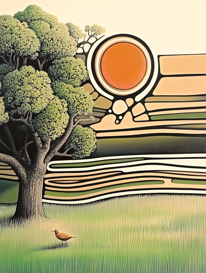 Tree and Bird in Abstract Landscape
