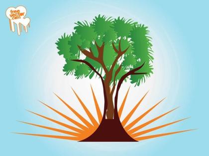 Tree and Rising Sun Free Vector