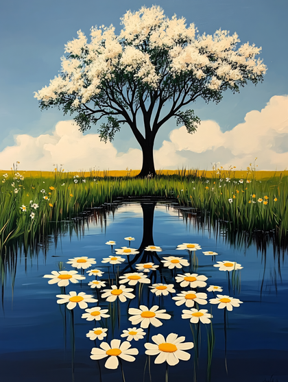 Tree Reflection With Daisies
