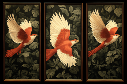 Triptych of Red and White Birds in Flight